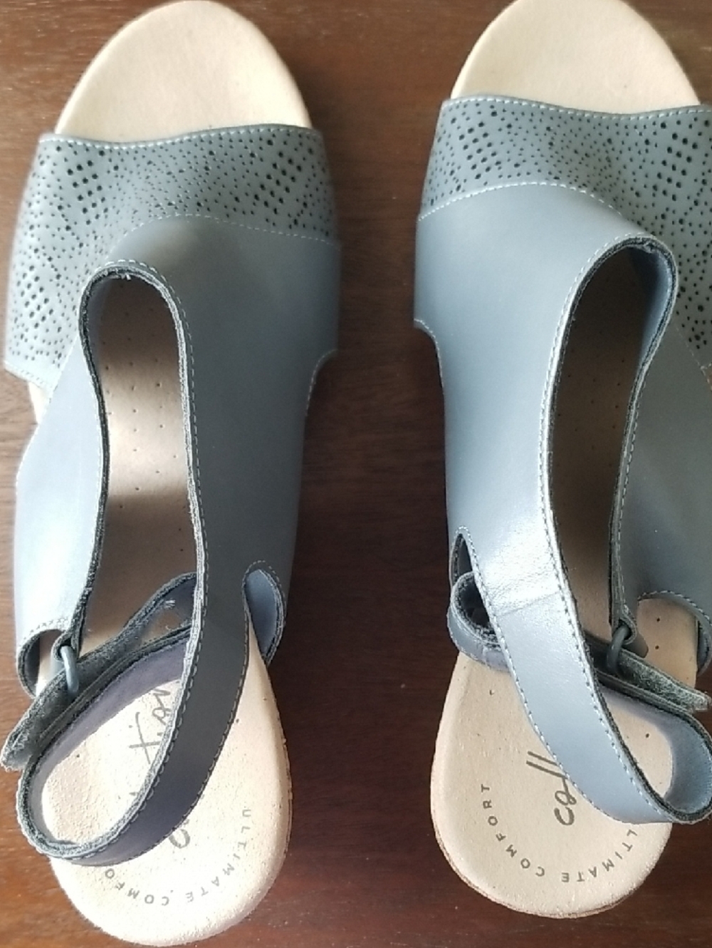 Women’s Dusty Blue Leather Cork Wedge Sandals - Comfortable Open-Toe Slingback - Picture 2 of 4